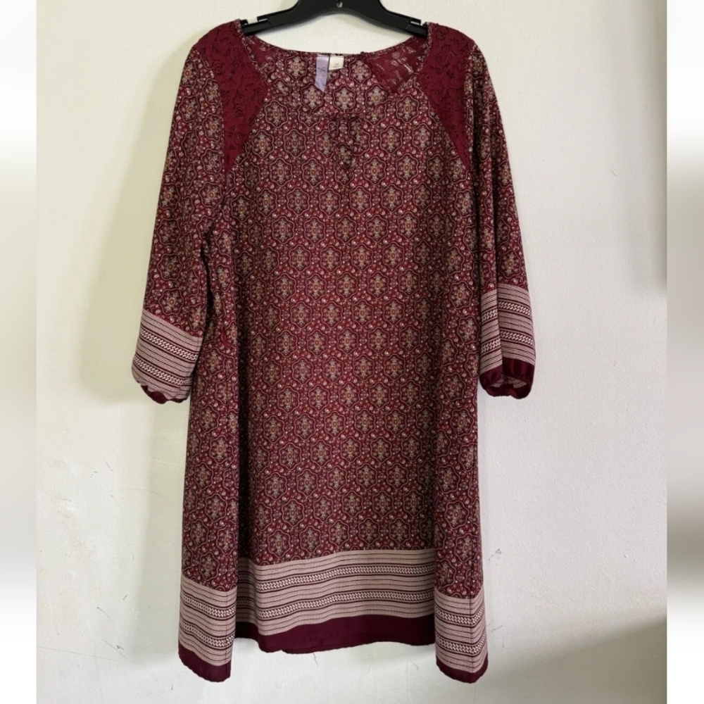 Francesca's Alya Size Large Boho Paisley Print Shift Dress Long Sleeve